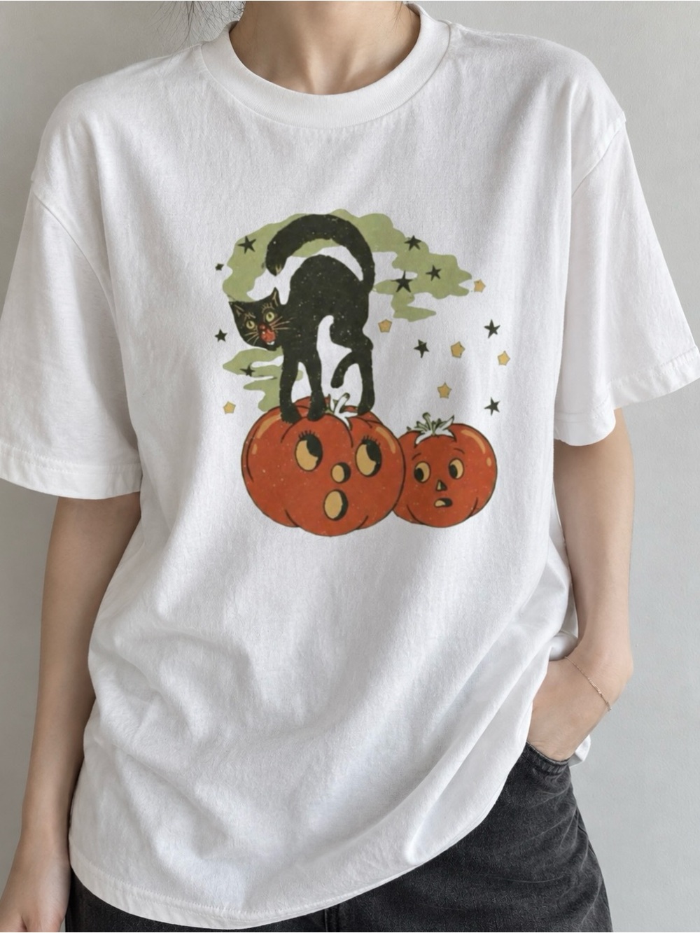 Spooky Season Black Cat Pumpkins Fall Aesthetic Statement Womens Graphic Tee